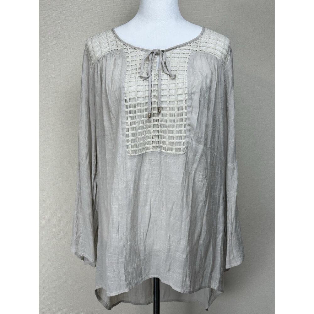 Alex Women's‎ 1X Tunic Top Sheer Lace Yoke Tan/taupe Boho Beach Lagenlook